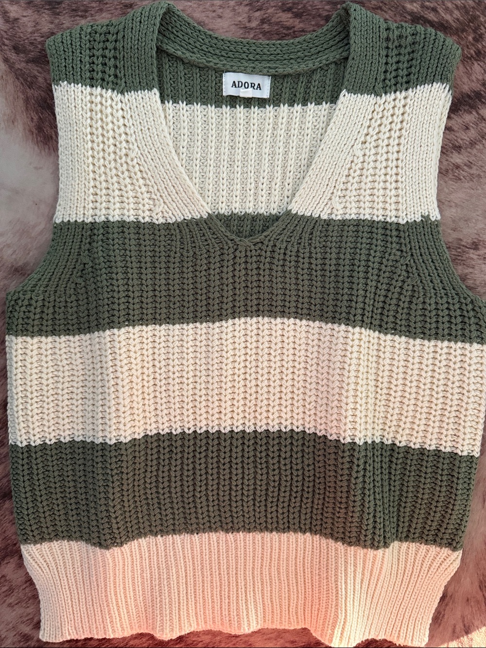 ADORA Olive Green and Cream Striped V-Neck Sweater Vest oversized